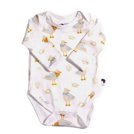 A soft, high-quality long sleeve cotton classic onesie with colourful illustrations of seagulls.