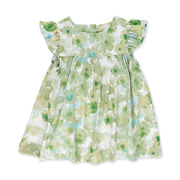 Front view of a Mocca dress with a soft pink watercolour floral print and ruffled sleeves from BabaFishees