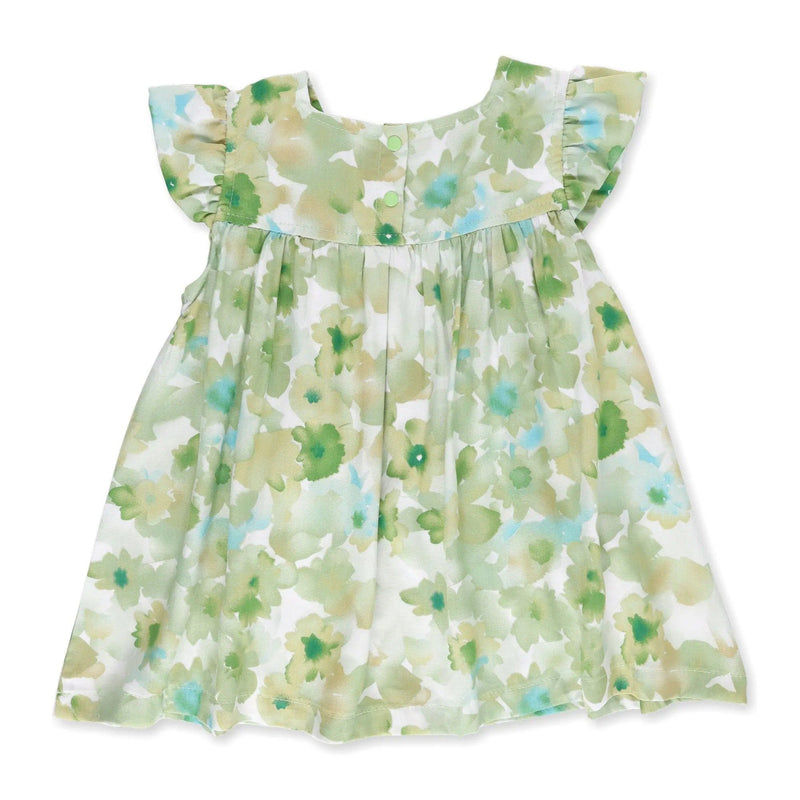 Back view of a Mocca dress with a soft green watercolour floral print and ruffled sleeves from BabaFishees