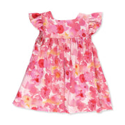 Front view of a Mocca dress with a soft pink watercolour floral print and ruffled sleeves from BabaFishees