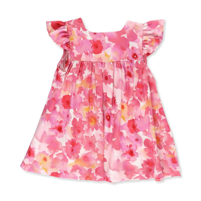 Front view of a Mocca dress with a soft pink watercolour floral print and ruffled sleeves from BabaFishees