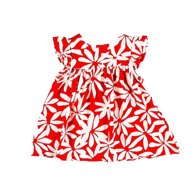 Front view of a red Mocca dress with a bold white floral print and ruffled sleeves from BabaFishees.