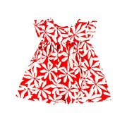 Back view of a red Mocca dress with a bold white floral print and ruffled sleeves from BabaFishees.