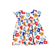 Front view of a white Mocca dress with a vibrant multicolour floral print and ruffled sleeves from BabaFishees