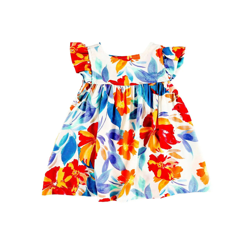 Front view of a white Mocca dress with a bold ginger floral print and ruffled sleeves from BabaFishees.