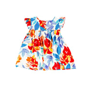 Back view of a white Mocca dress with a bold ginger floral print and ruffled sleeves from BabaFishees.