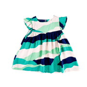 Front view of a Green and navy Mocca dress with a bold hillside-inspired print and ruffled sleeves from BabaFishees.