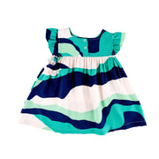 Front view of a Green and navy Back view of a Mocca dress with a bold hillside-inspired print and ruffled sleeves from BabaFishees.