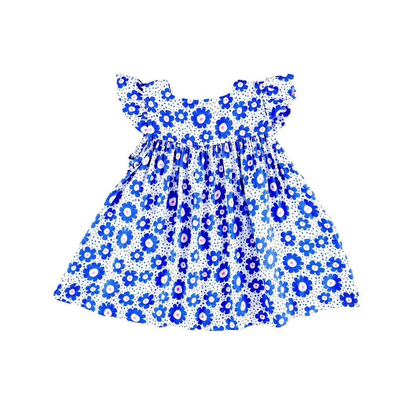 Front view of a white Mocca dress with a vibrant blue floral print and ruffled sleeves from BabaFishees