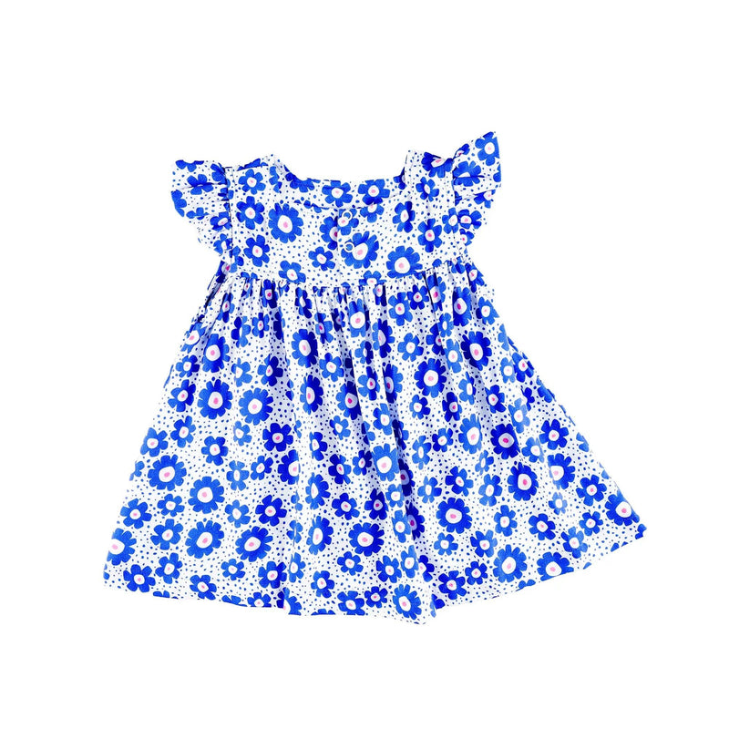 Back view of a white Mocca dress with a vibrant blue floral print and ruffled sleeves from BabaFishees