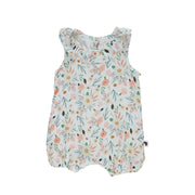 Front view of Floral muslin frilly neck romper in soft pastel tones from BabaFishees.