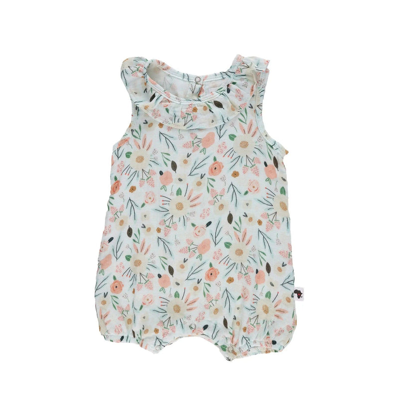 Front view of Floral muslin frilly neck romper in soft pastel tones from BabaFishees.