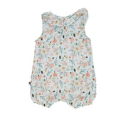 Back view of Floral muslin frilly neck romper in soft pastel tones from BabaFishees.