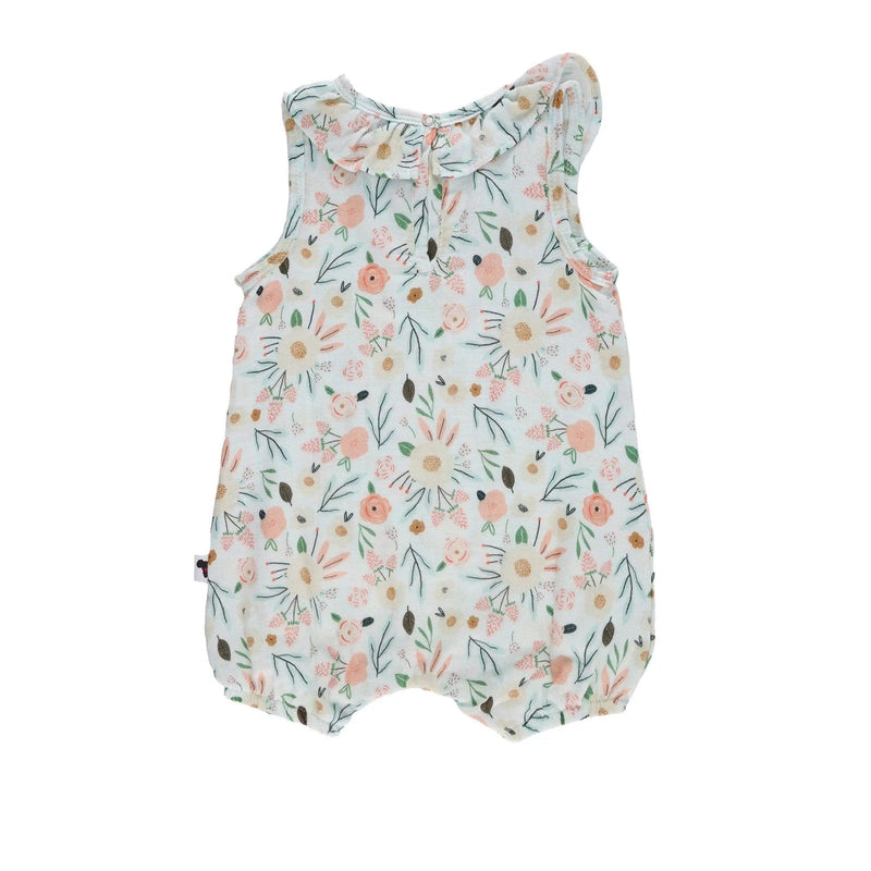 Back view of Floral muslin frilly neck romper in soft pastel tones from BabaFishees.