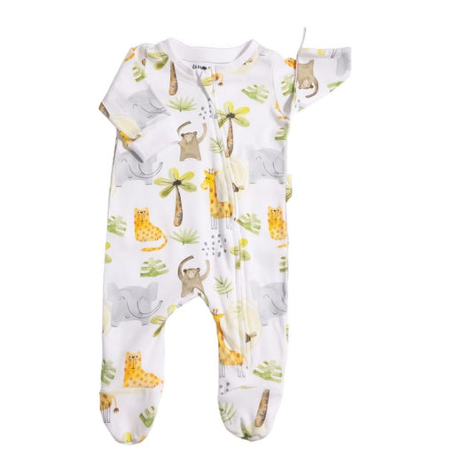 A 100% cotton footy romper with a zip closure made from 200-gram interlock fabric featuring our Monkey Watercolour pattern.
