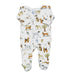 A 100% cotton footy romper with a zip closure made from 200-gram interlock fabric with a dogs playground pattern.