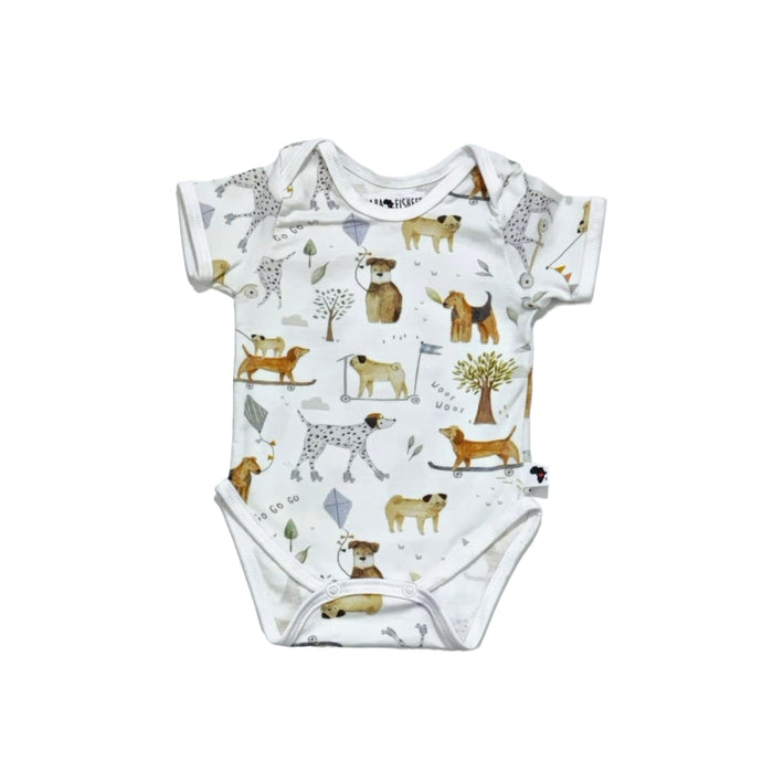 A soft, high-quality short sleeve cotton classic onesie with a dogs playground pattern.