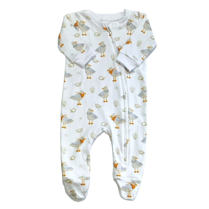 A 100% cotton footy romper with a zip closure made from 200-gram interlock fabric with colourful illustrations of seagulls.