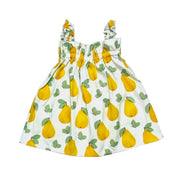 A ruffle dress for toddlers featuring a bright pear print with yellow pears and green leaves on a white background, designed with ruffled straps and an elasticated bodice for comfort.