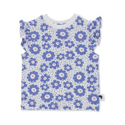 Front view of a white tee shirt featuring a vibrant blue floral print from BabaFishees