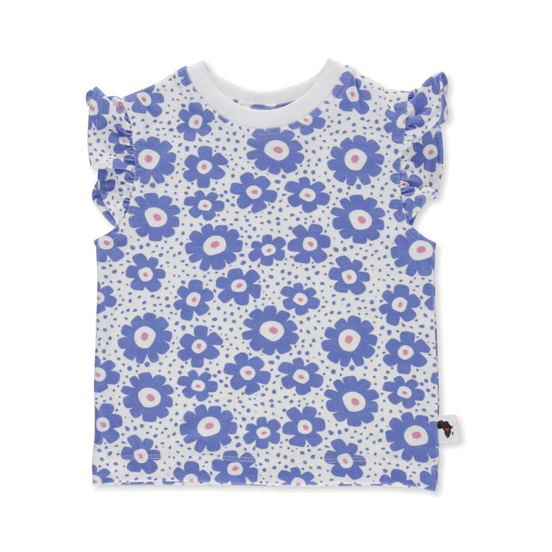Front view of a white tee shirt featuring a vibrant blue floral print from BabaFishees
