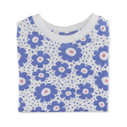 Close-up of white tee shirt featuring a vibrant blue floral print from BabaFishees
