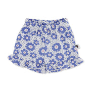 Front view of White frilly shorts, part of a set featuring a vibrant blue floral print from BabaFishees