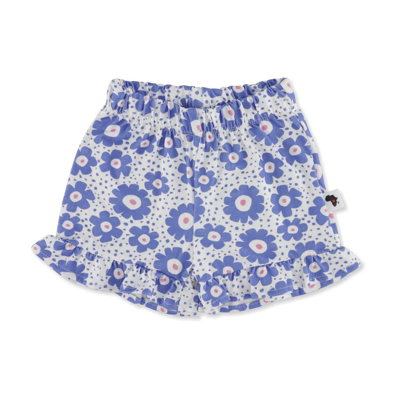 Front view of White frilly shorts, part of a set featuring a vibrant blue floral print from BabaFishees