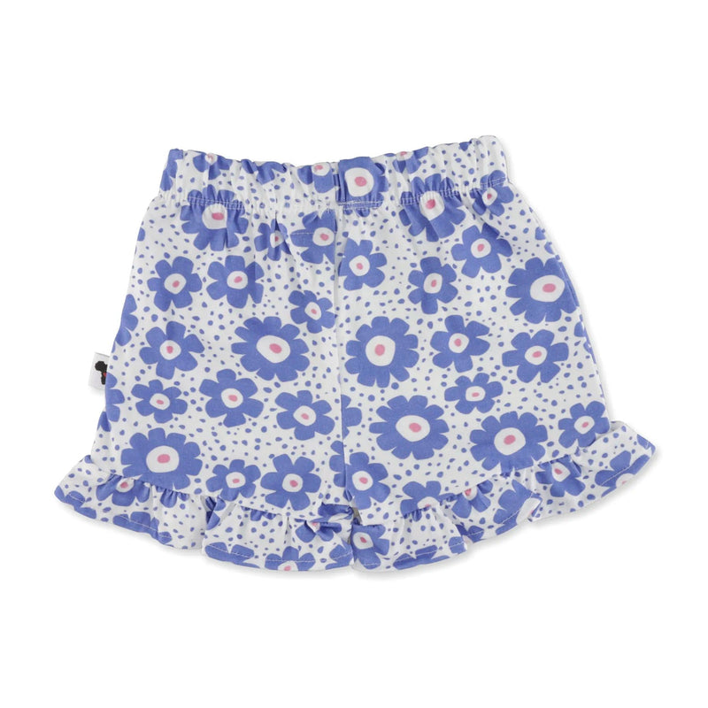 Back view of White frilly shorts, part of a set featuring a vibrant blue floral print from BabaFishees