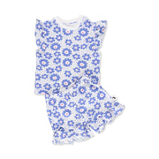 White shirt and shorts set with a vibrant blue floral print and ruffle details from BabaFishees.
