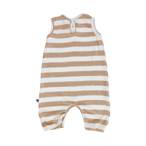 Back view of a striped Romper in white and fudge tones with sleeveless design, snap buttons, and ultra-soft suede-feel fabric.