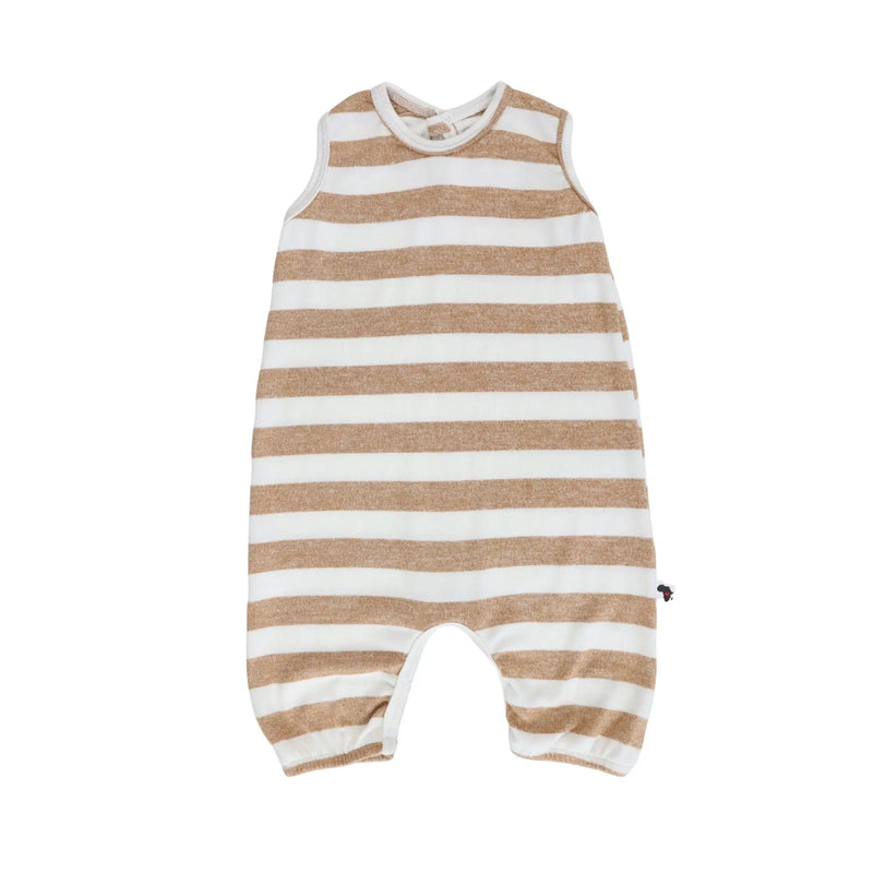 Striped Romper in white and fudge tones with sleeveless design, snap buttons, and ultra-soft suede-feel fabric.