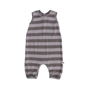 Striped Romper in grey and charcoal tones with snap closures and a relaxed fit, made from soft suede-touch fabric.