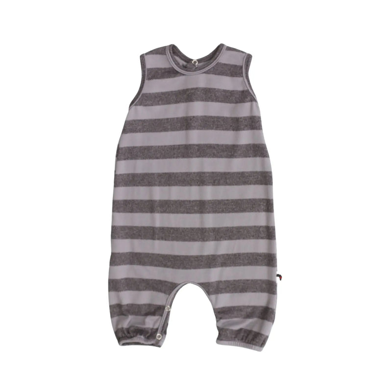Striped Romper in grey and charcoal tones with snap closures and a relaxed fit, made from soft suede-touch fabric.