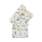 Swaddle Blanket  - African Plains safari animal print on white cotton muslin, featuring elephants, lions, zebras, giraffes and birds.