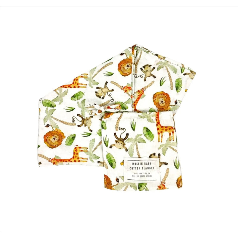 Swaddle Blanket - Simba Watercolour safari print on white cotton muslin, featuring lions, giraffes, monkeys and leafy details.