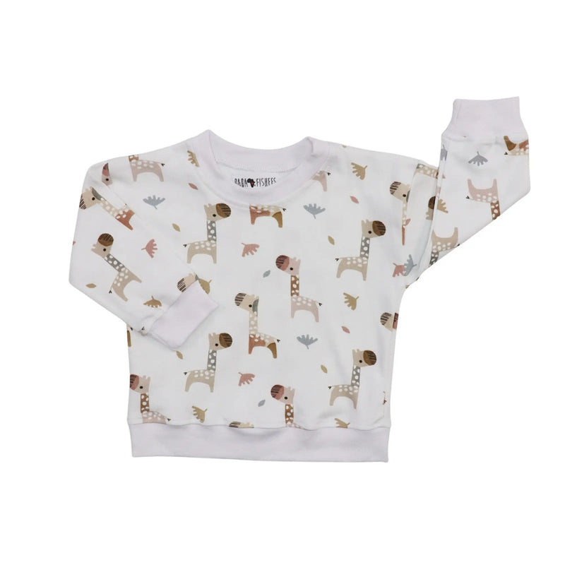 White baby sweatshirt with brown and beige giraffe print, long sleeves and ribbed cuffs