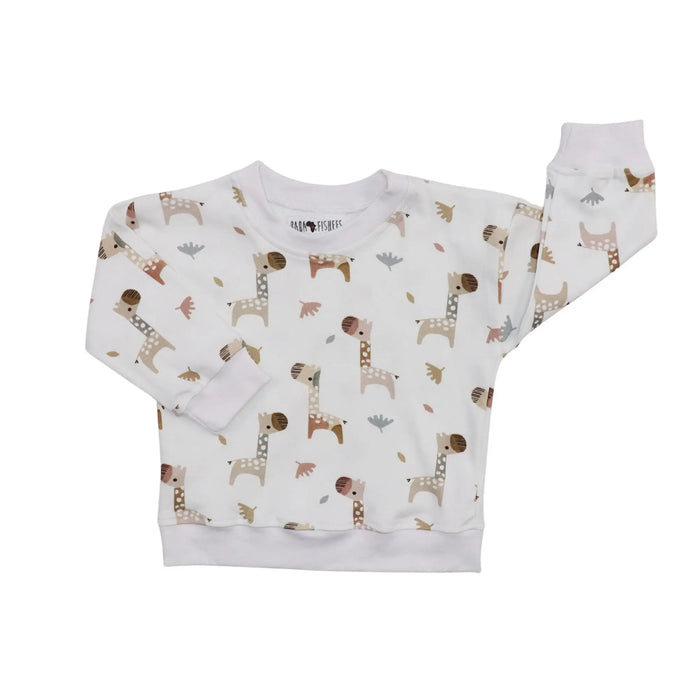 White baby sweatshirt with brown and beige giraffe print, long sleeves and ribbed cuffs