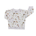 White baby sweatshirt with brown and beige giraffe print, long sleeves and ribbed cuffs