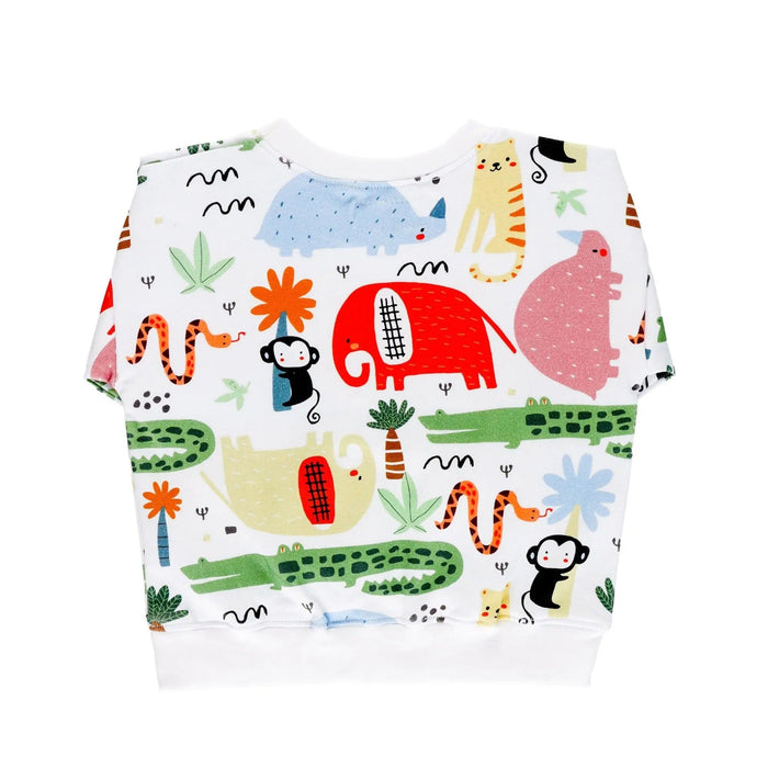 Back view of a sweatshirt with a white background and brightly coloured animals including crocodiles, monkeys, snakes and rust coloured elephants.