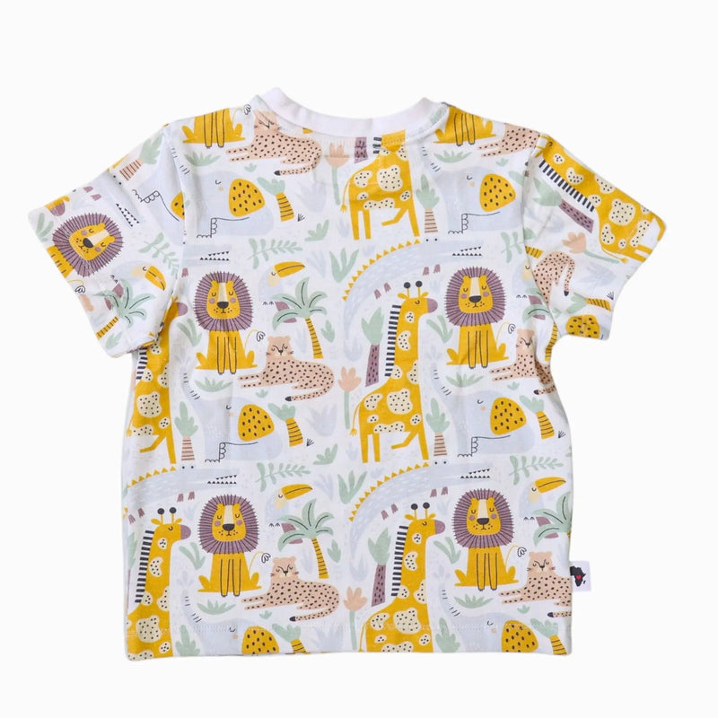 Back view of Tee Shirt – African Pride short sleeve baby tee with lion and giraffe safari print, made from 95% cotton and 5% lycra