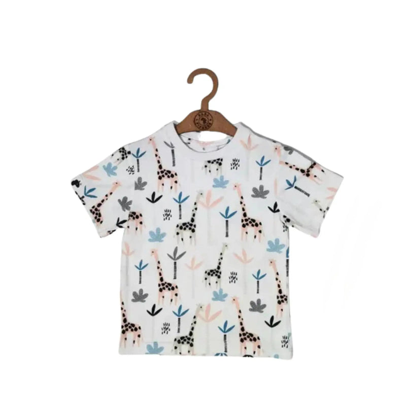 Tee Shirt – Giraffe featuring pastel giraffes and botanical shapes on white.