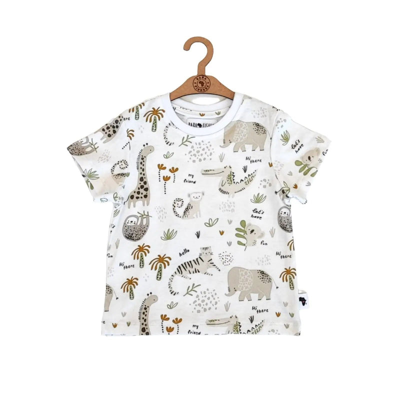 Tee Shirt – Hi There White featuring neutral safari animals including elephants, giraffes, leopards, and sloths on white.