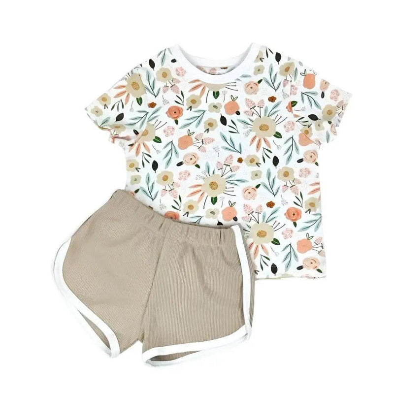 Tee Shirt – Oh So Pretty with soft floral print in peach, blush, cream, and green on white background.