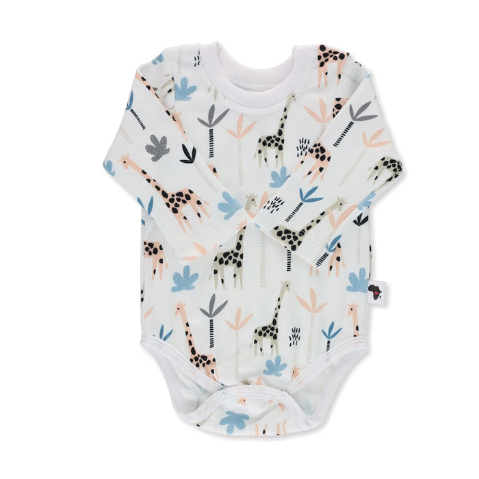 Front View of a Long Sleeve Tee Shirt Onesie with a Giraffe print |Baba Fishees