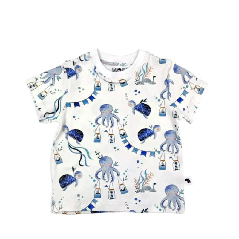 Tee Shirt – Otto the Octopus featuring blue octopuses, turtles, sea plants and underwater elements on white.