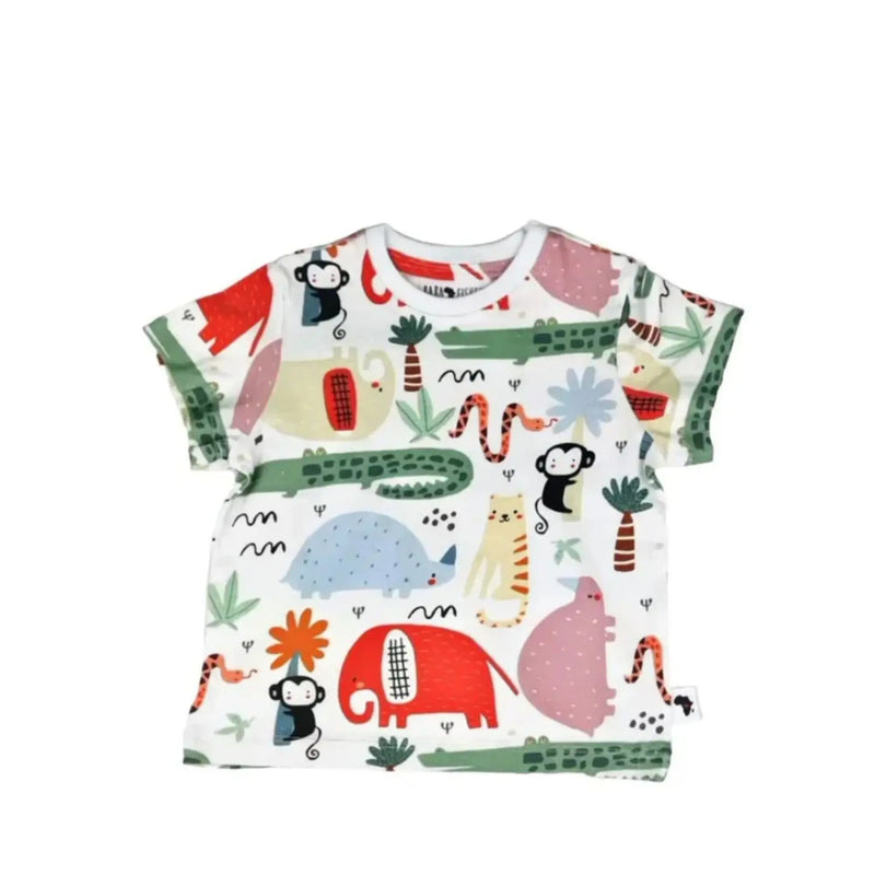 Tee Shirt – Rust Ellie with colourful elephants, monkeys, crocodiles and jungle animals on white.
