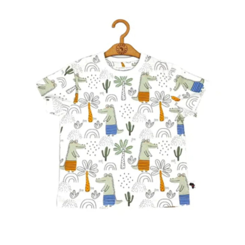 Tee Shirt – Walking Croc with colourful crocodiles, palm trees, and safari doodles on white.