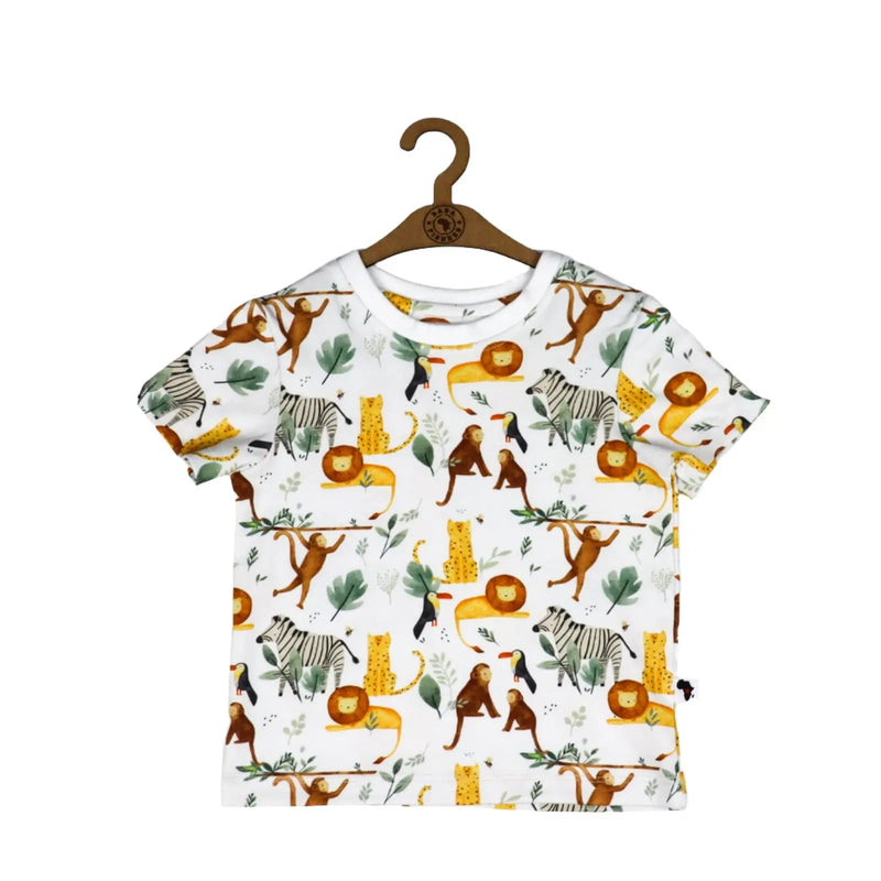 Tee Shirt – Watercolour Jungle featuring a white base with watercolour lions, monkeys, zebras and birds.