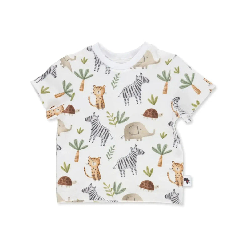 Front view of a White tee shirt featuring a playful Zebra  print with zebras, elephants, cheetahs, and tortoises from BabaFishees